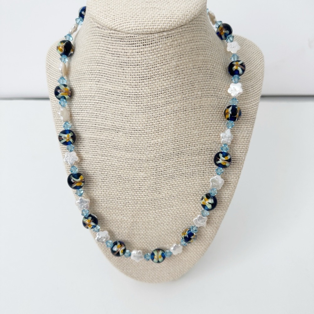 NWT Genuine Murano Glass, Pearls & Crystal Beads Necklace Blue Black